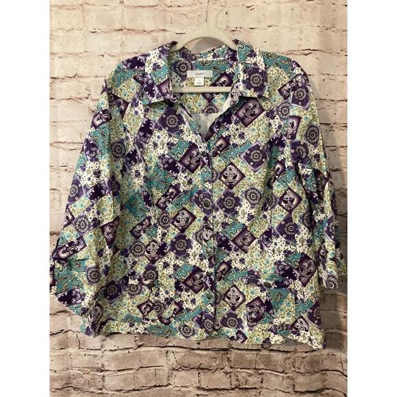 CJ Banks Shirt Womens 1X Turquoise Purple Paisley Shacket Button Up Plus Cotton - Picture 1 of 12